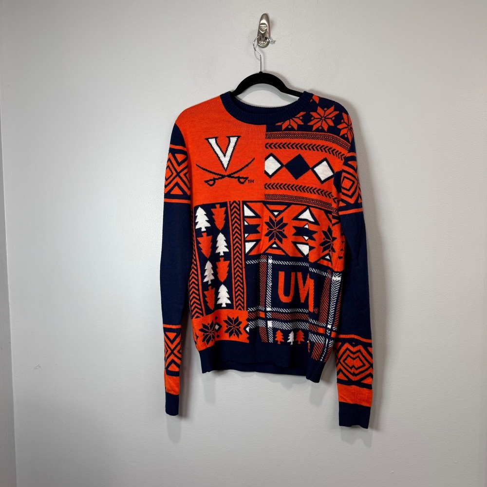 Virginia Cavaliers UVA‎ Mens Medium Orange Navy Patchwork Holiday Knit Sweater